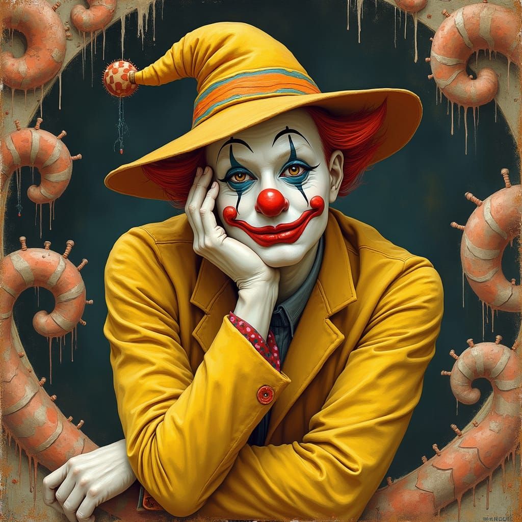 Clown Lost in Thought Surrounded by Clay Sculptures