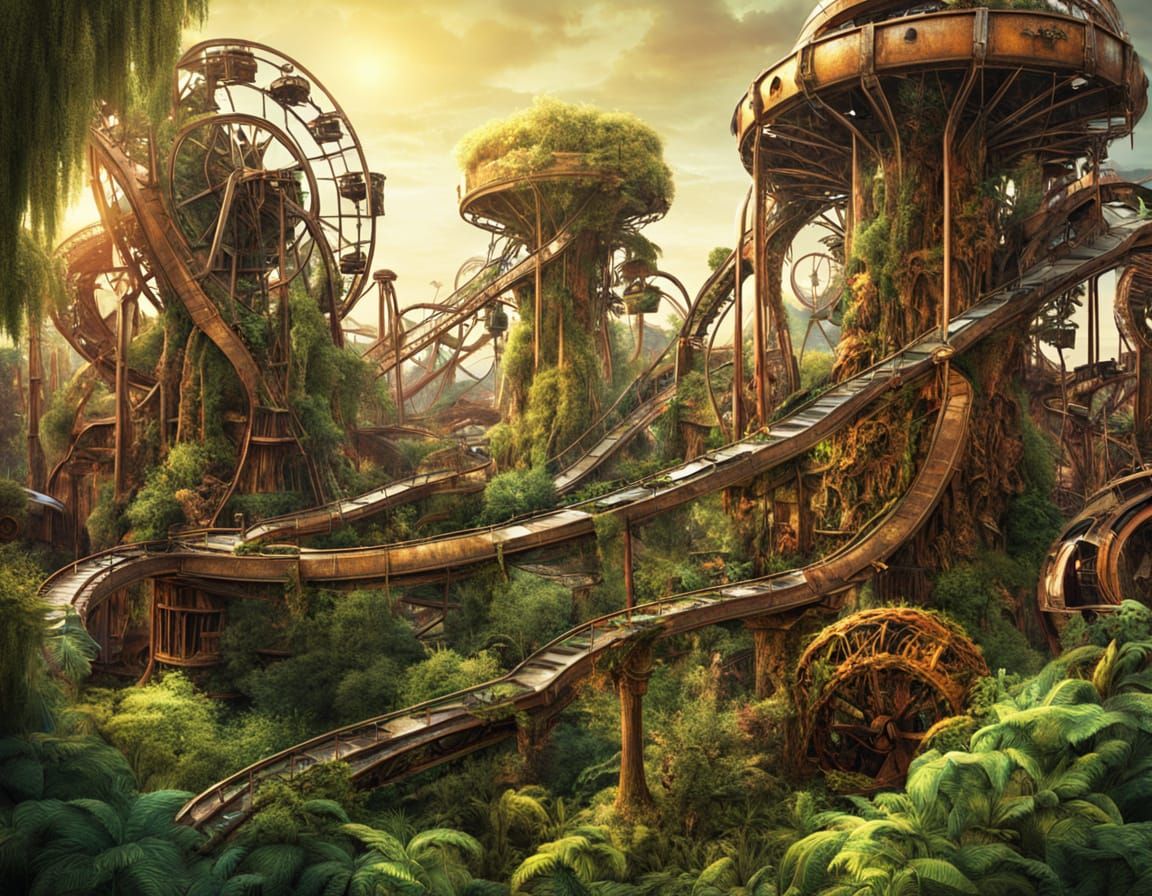 Surreal Bio-Mechanical Amusement Park Overrun by Nature