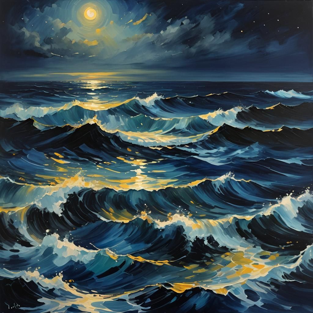 Tachisme Seascape with Bold Colors at Night