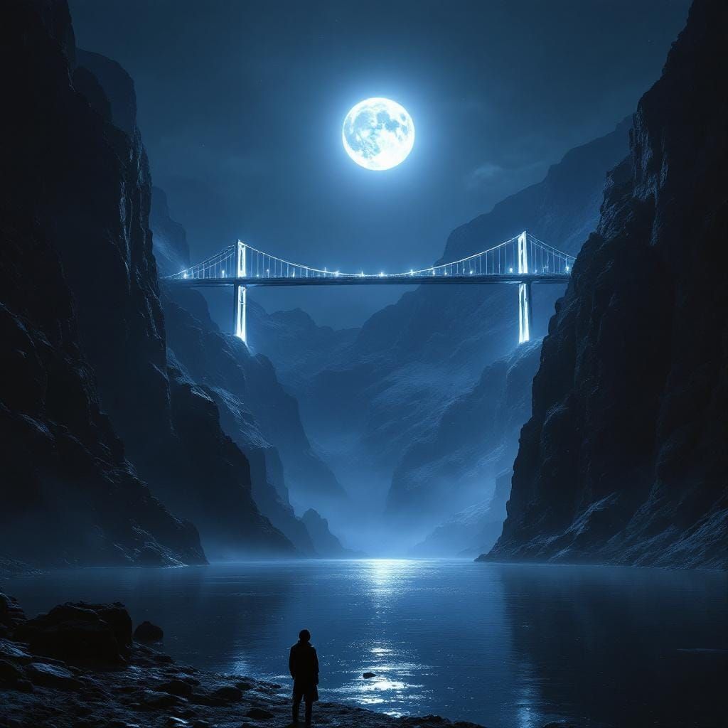 Majestic Night Landscape with Figure and Bridge in Moonlight