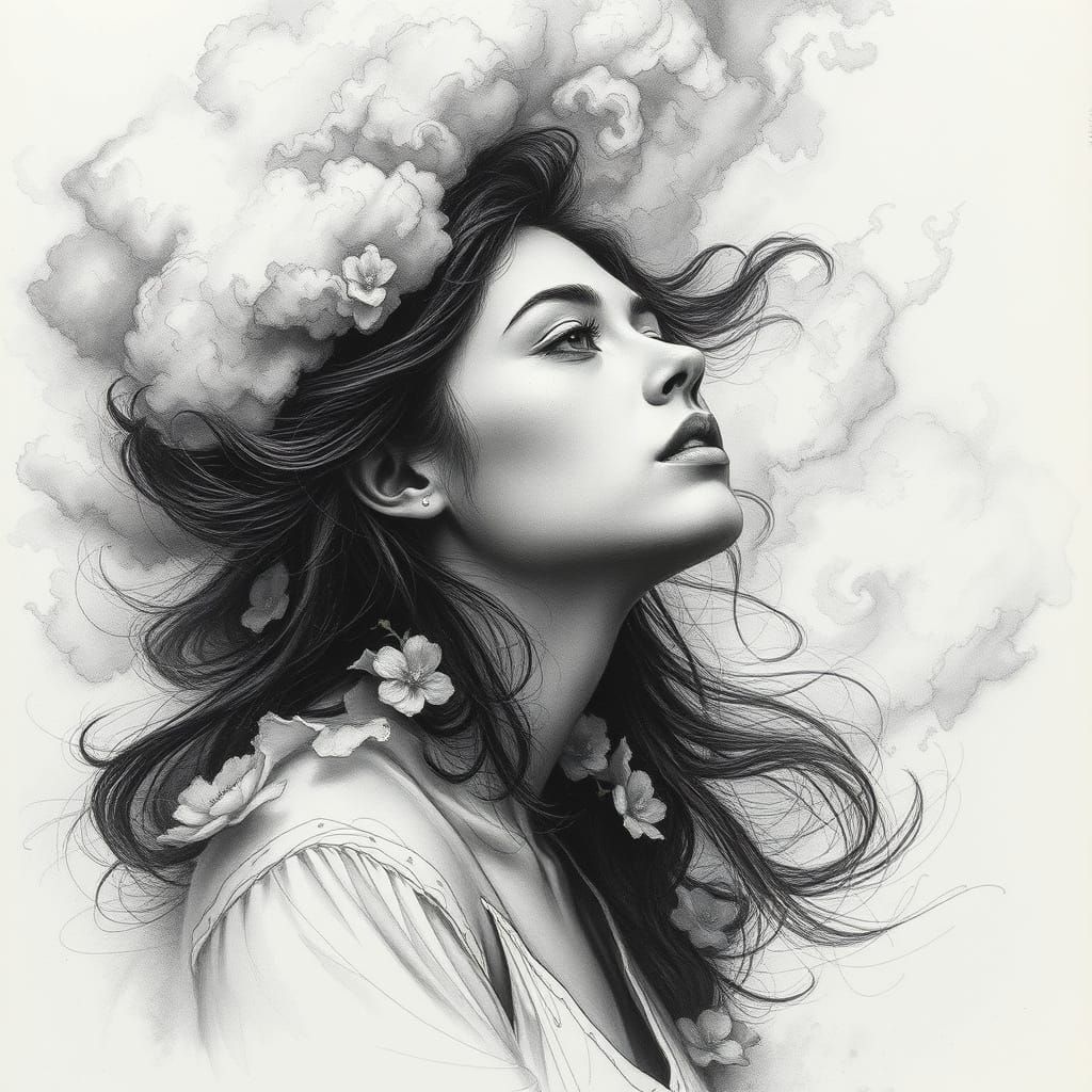 Woman in Swirling Clouds: A Charcoal Drawing