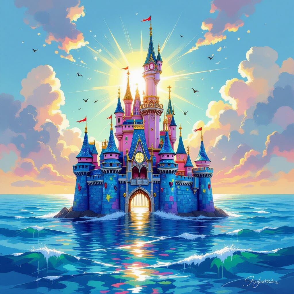 Whimsical Sea Glass Castle in Radiant Sunshine