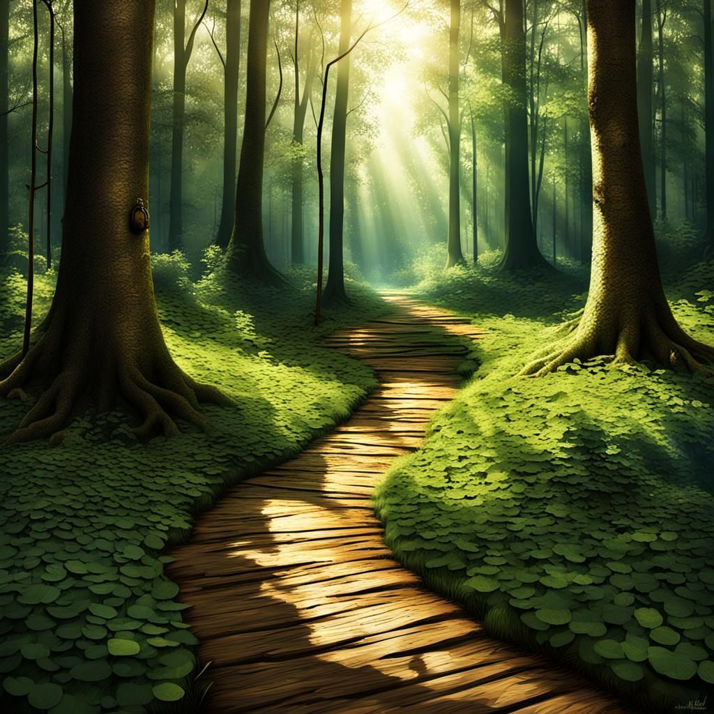 Sunlit Forest Path to Hidden Door: Matte Painting
