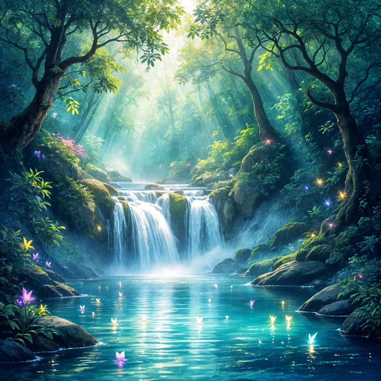Enchanted Forest Waterfall with Glowing Fairies