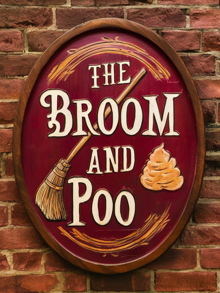 Quirky British Pub Sign 'The Broom and Poo'