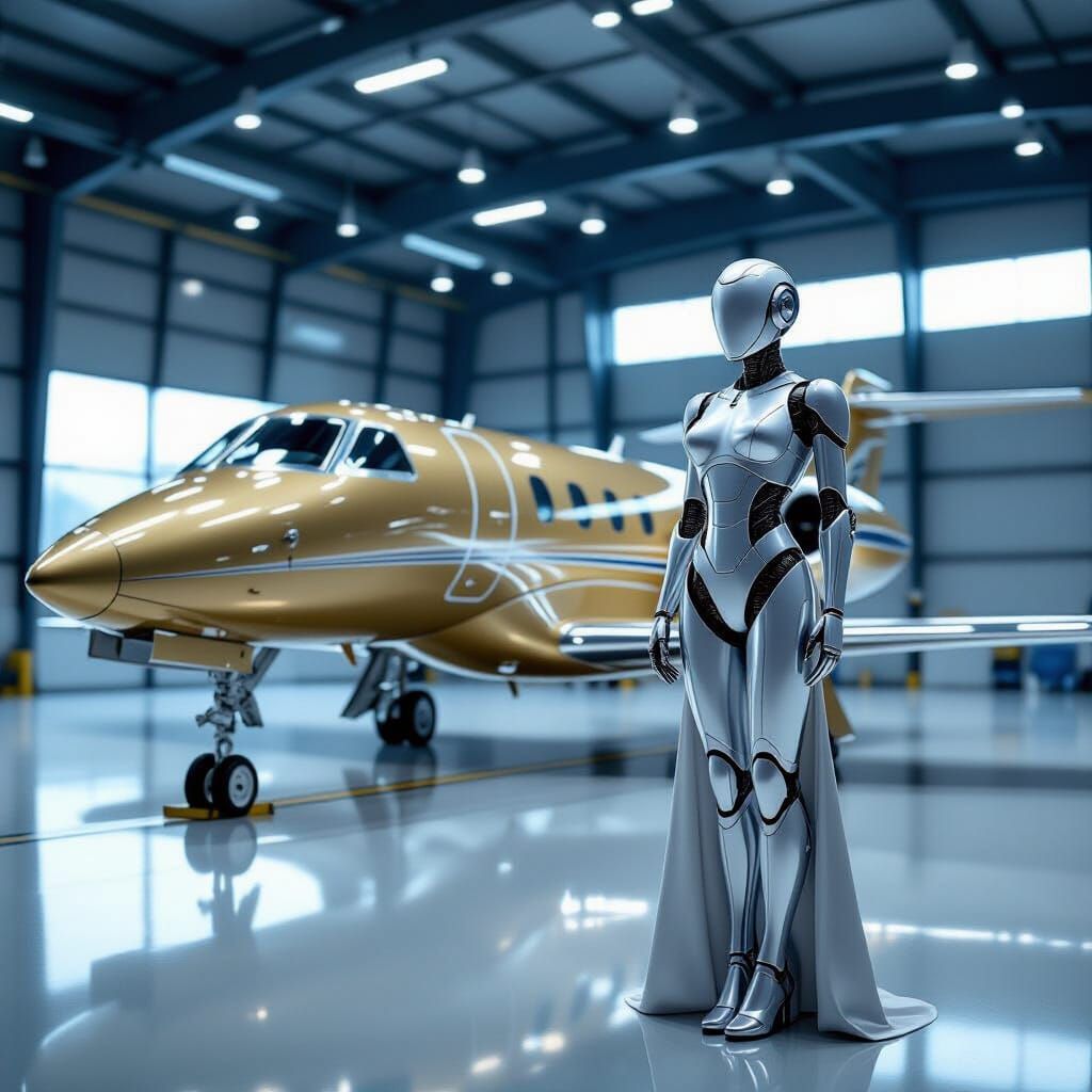 Gold Learjet and Silver Robot in Cinematic Hangar