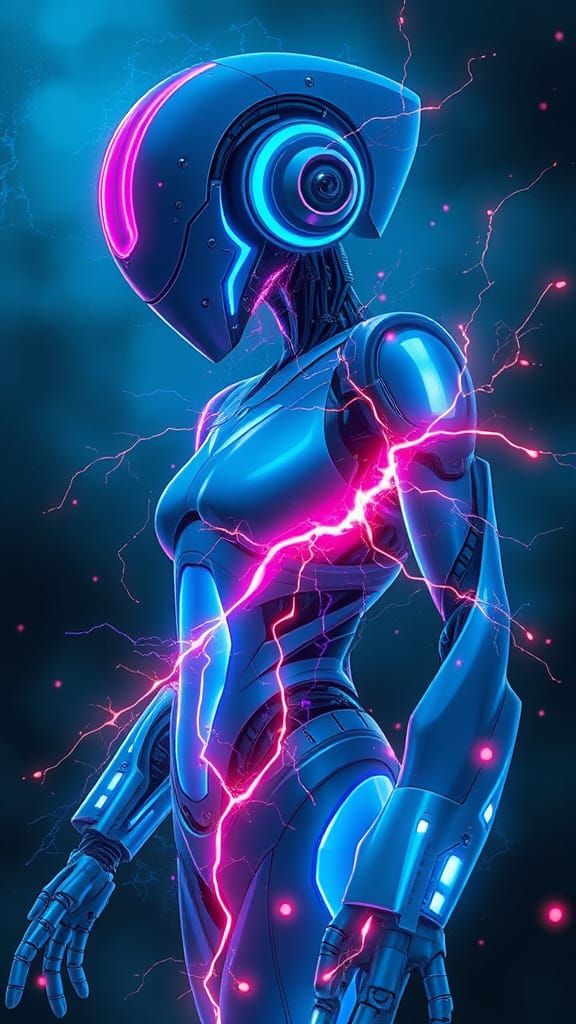 Electric Blue Robot Goddess Radiates Energy in Futuristic Ne...
