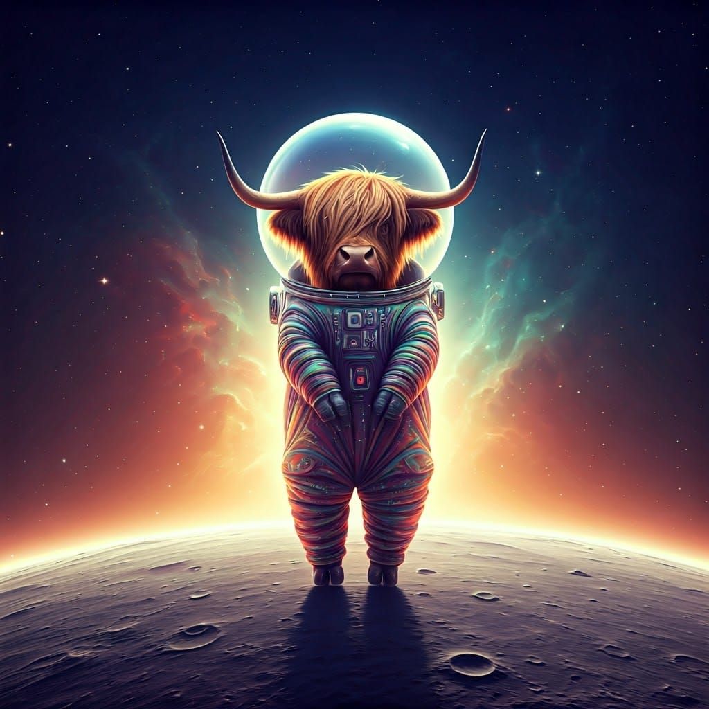Bovine Astronaut on Lunar Horizon in Surreal Sci-Fi