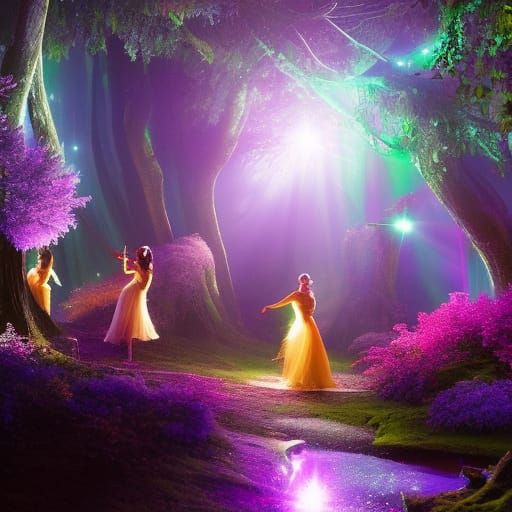 Fairies Dance Under Starry Sky: Romantic Fantasy Art