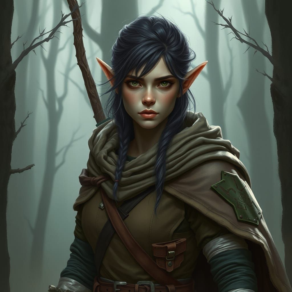 Wood Elf Ranger in Misty Forest, Realistic Mystical Art