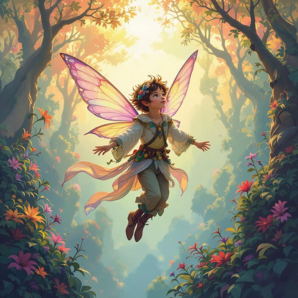 Ethereal Fairy Boy in Rainbow Forest, Digital Art