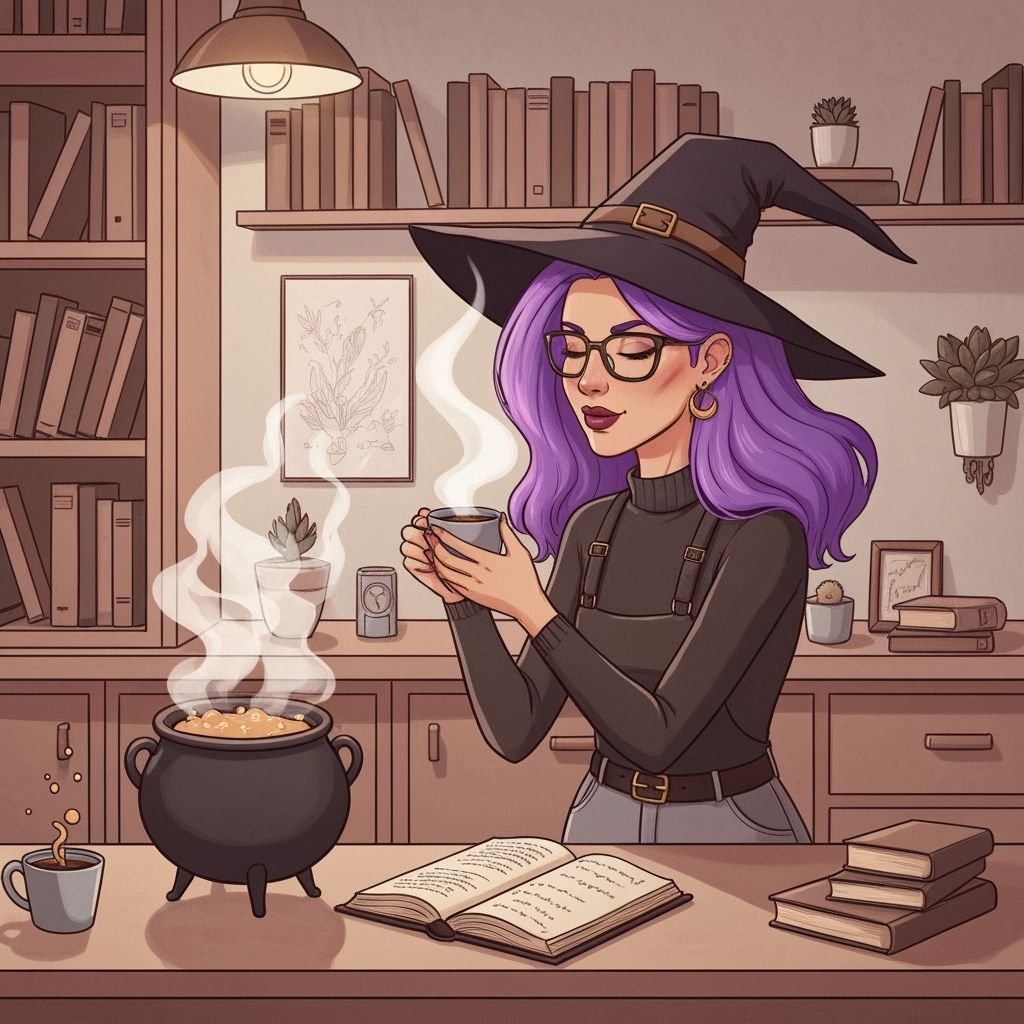 Modern Witch Brewing Coffee in Cozy Apartment