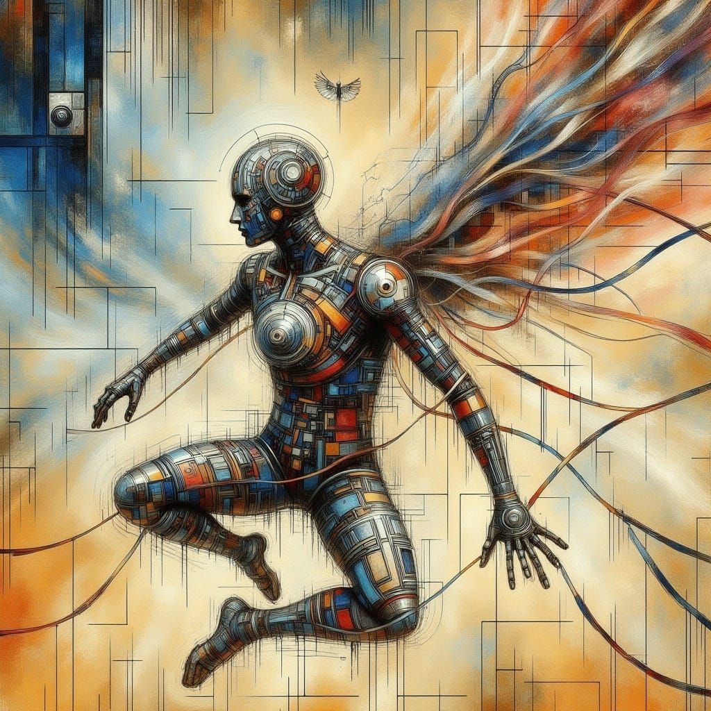 Futuristic Humanoid in Flight with Geometric Armor