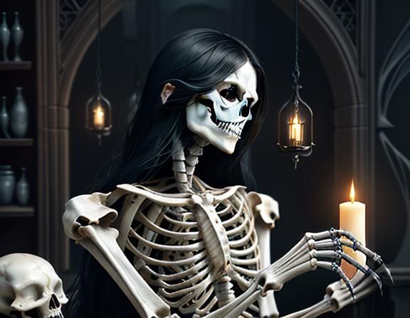 Furry Skeleton Cleans Bones: Dark Fantasy Art
