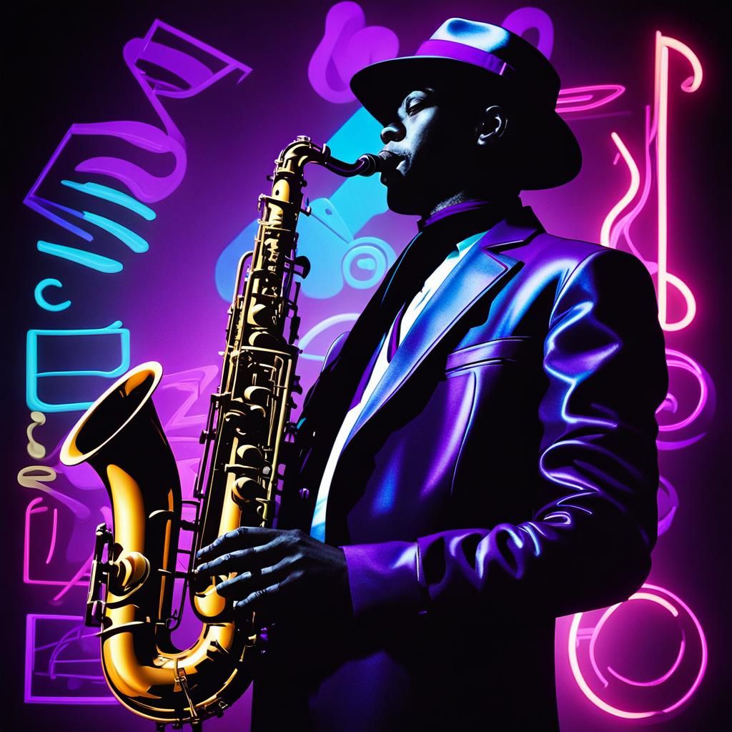 Neon Noir Saxophonist in Futuristic Cityscape