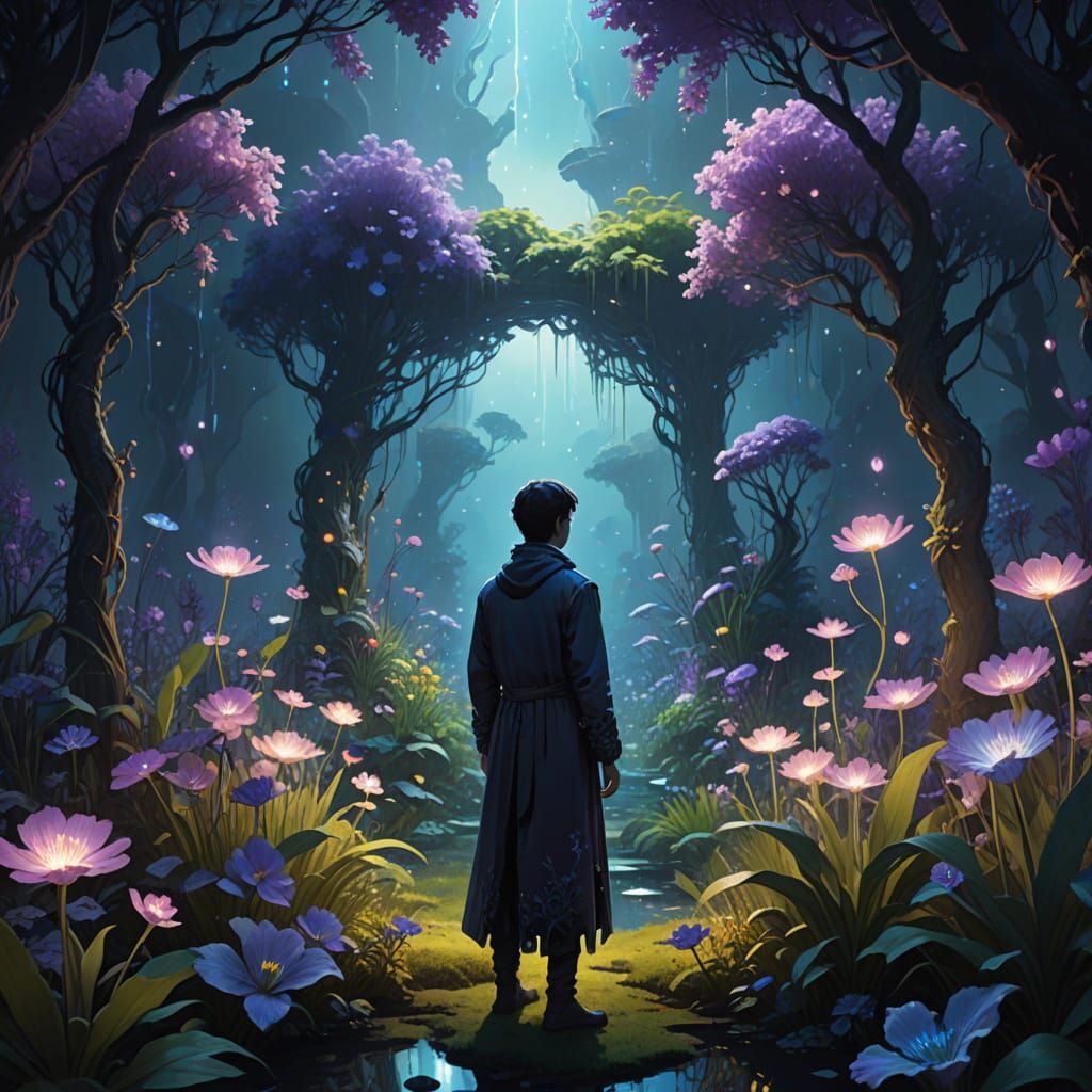 Ethereal Figure in Luminous Elysian Garden