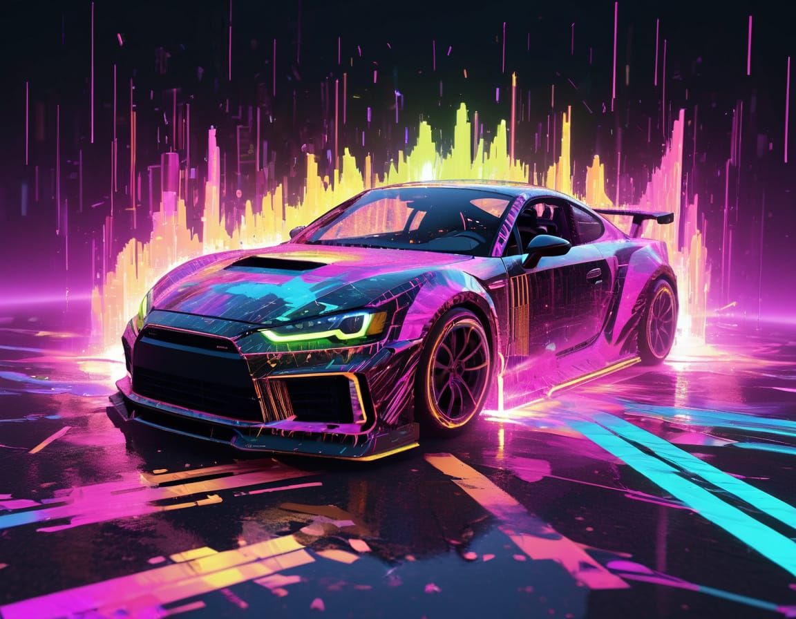 Photoreal Neon Sports Car in Glitchstorm