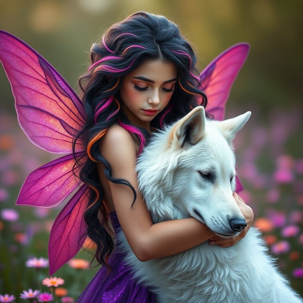Fairy with Wolf in Sparkling Meadow