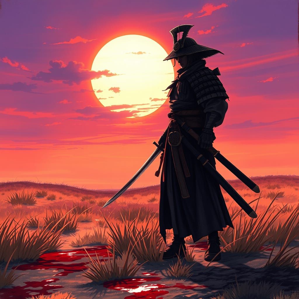 Warrior's Twilight Vigil in a Dark Fantasy Landscape