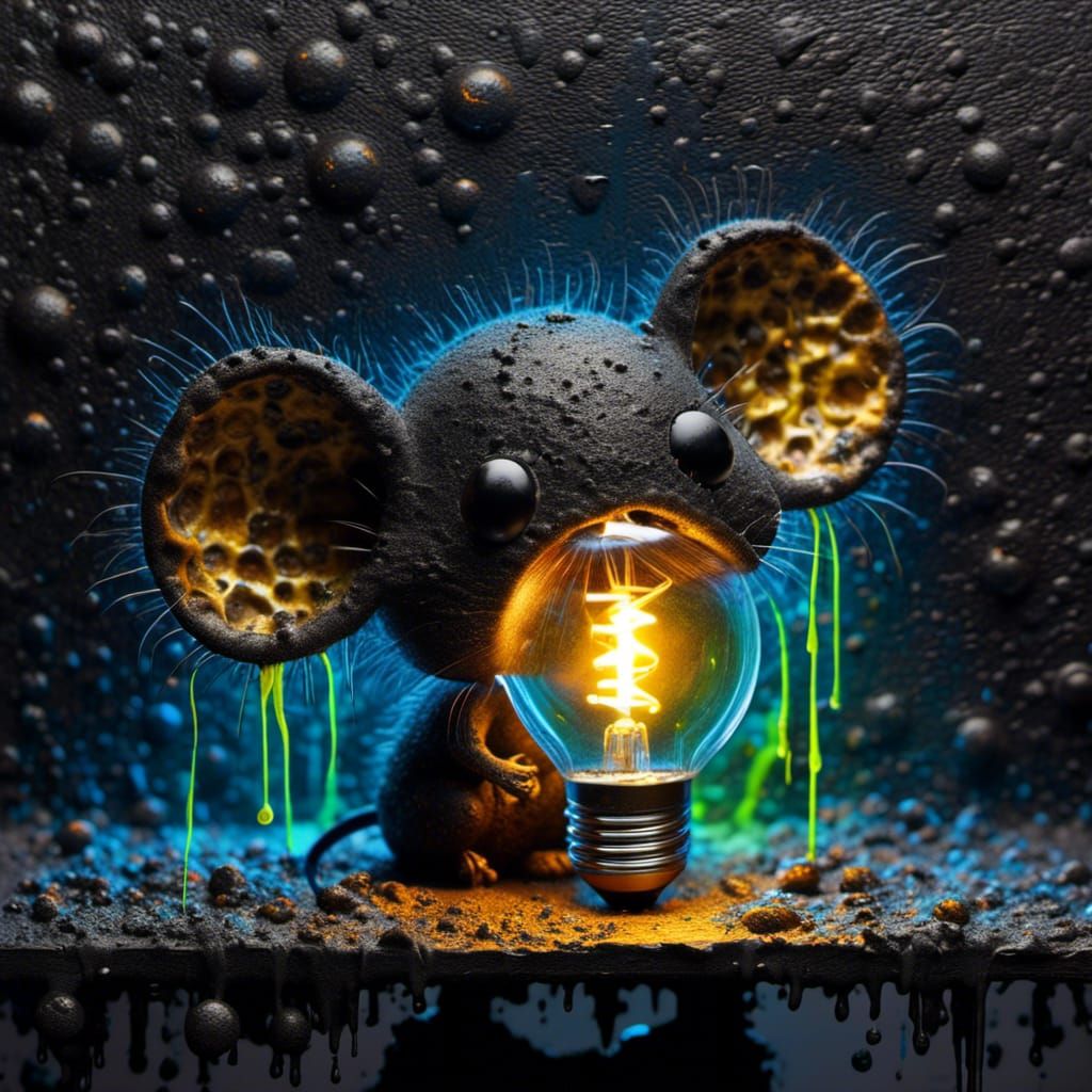 Black Chibi Mouse Painting with Golden Highlights