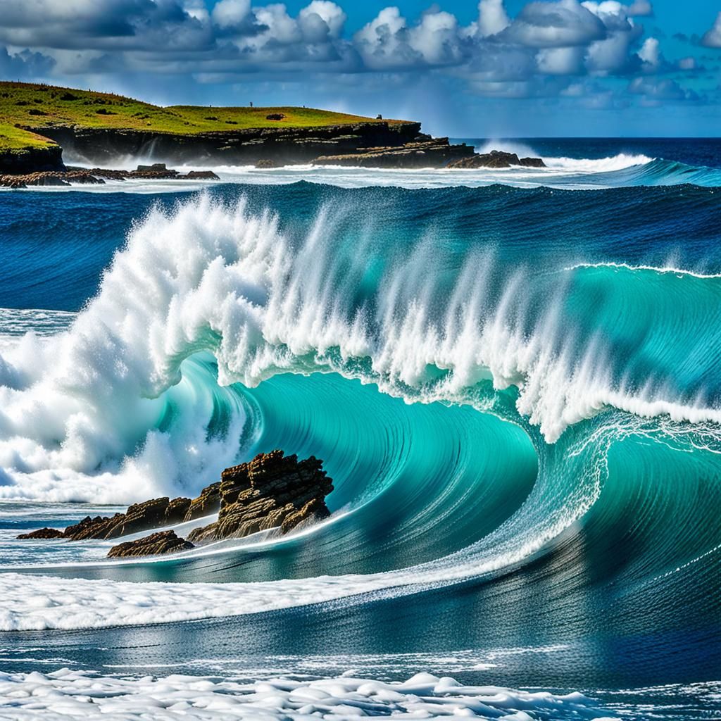 Taíno Woman on Caribbean Coast with Crashing Waves
