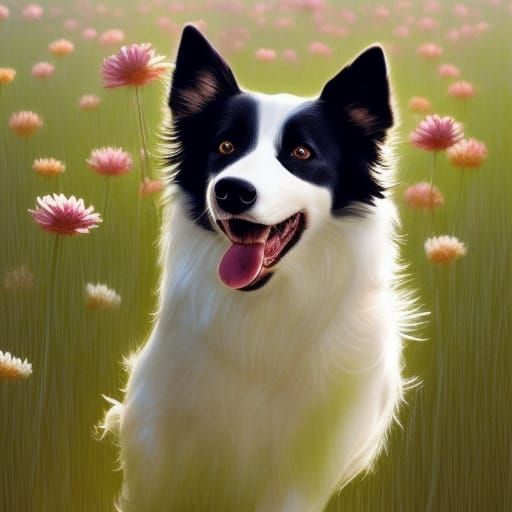 Border Collie in Flower Field: Artgerm, Rutkowski Style