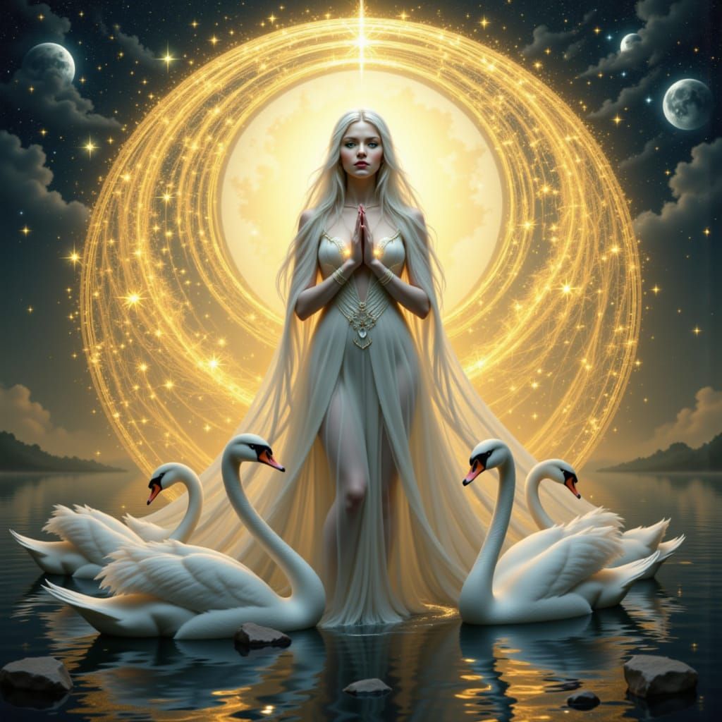 Aurora Goddess with Swan Companions in Surreal Digital Paint...