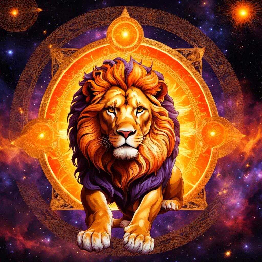 Regal Lion Sits on Golden Throne Amidst Cosmic Landscape
