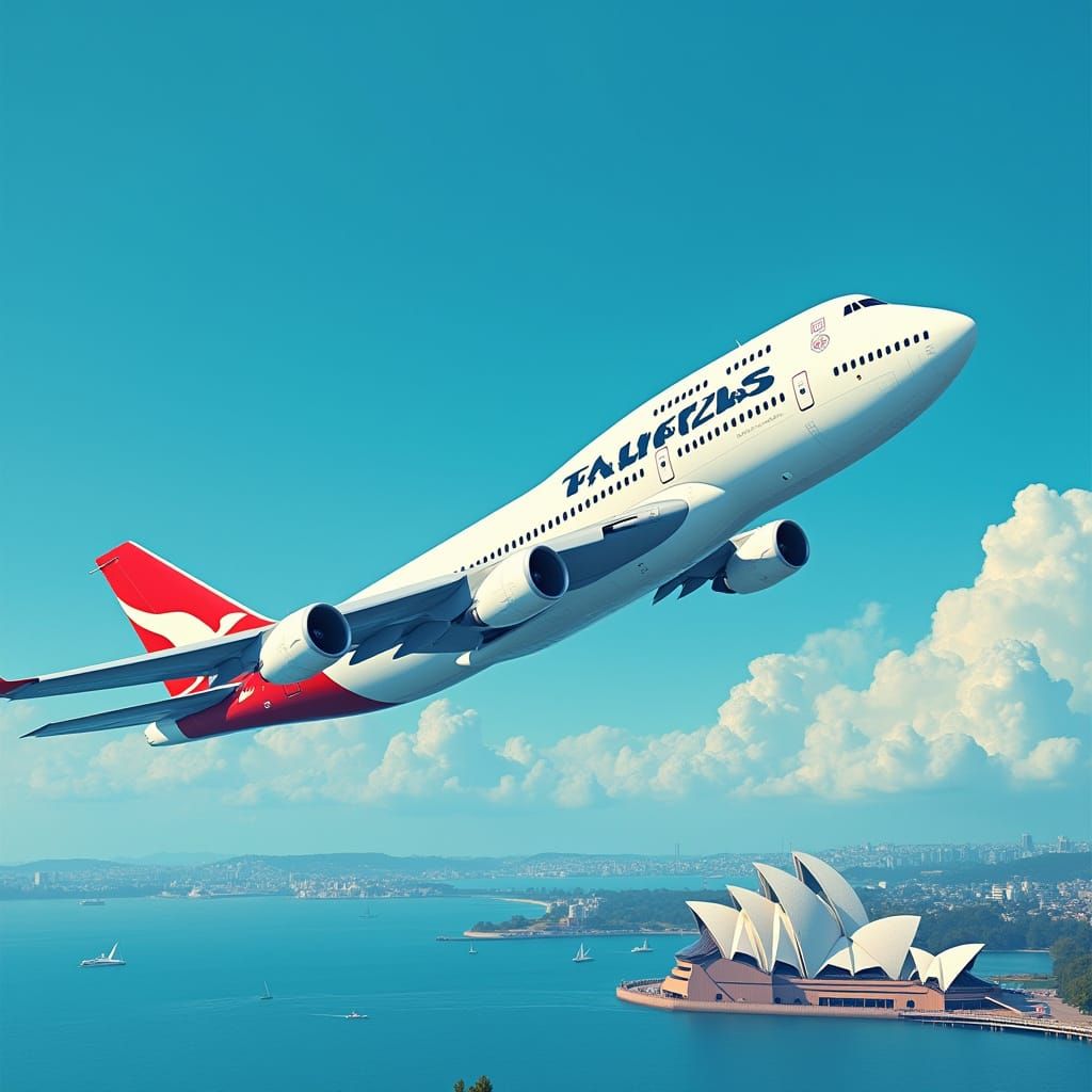 Qantas Plane Soaring Over Sydney: Digital Art