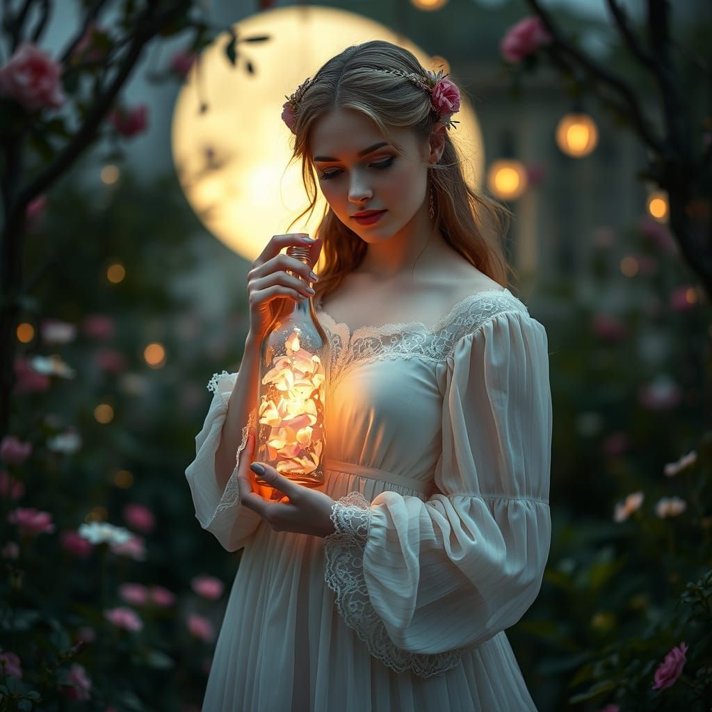 Woman with Luminous Bottle in Ethereal Garden