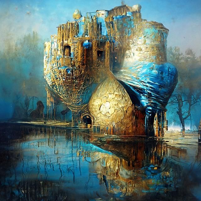 Beksinski-Inspired Castle with Turquoise Moat Reflection