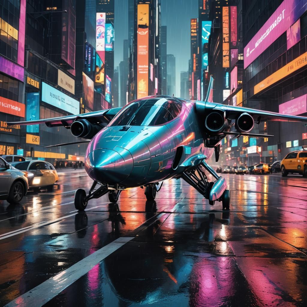 Futuristic Plane at Neon-Lit New York Airport