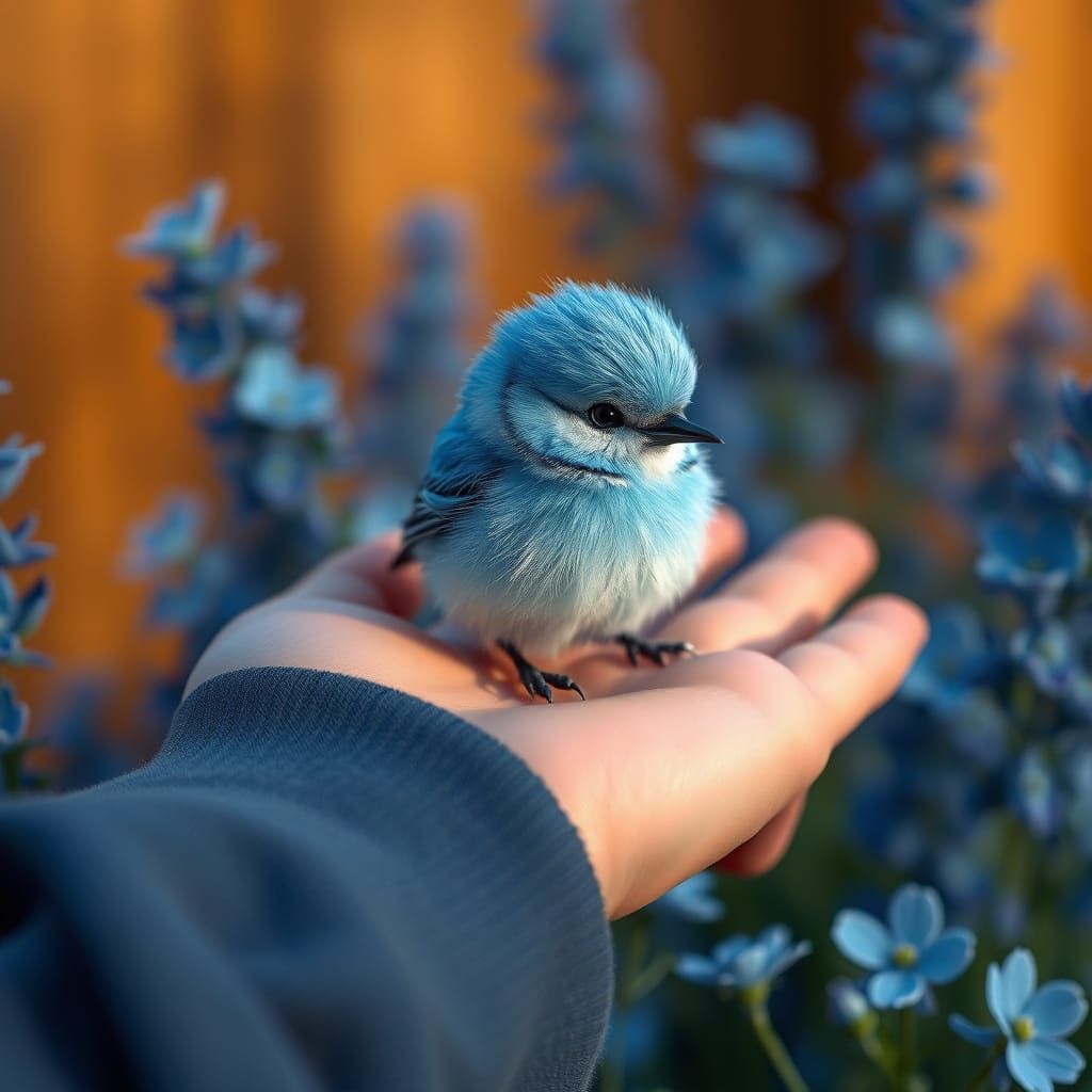 Fluffy Blue Bird on Palm in 3D Render