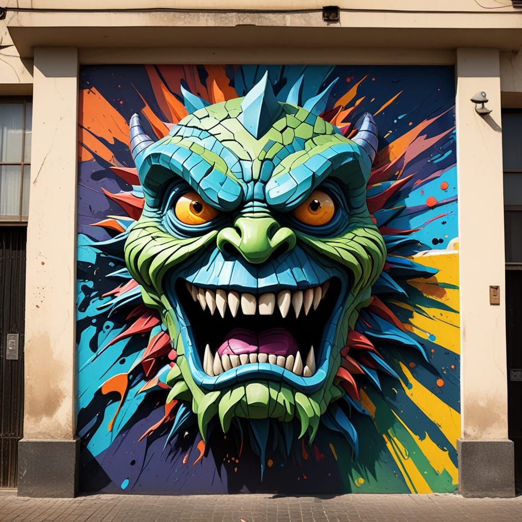 Glowing Monster in Vibrant Blue and Green Splatter Art