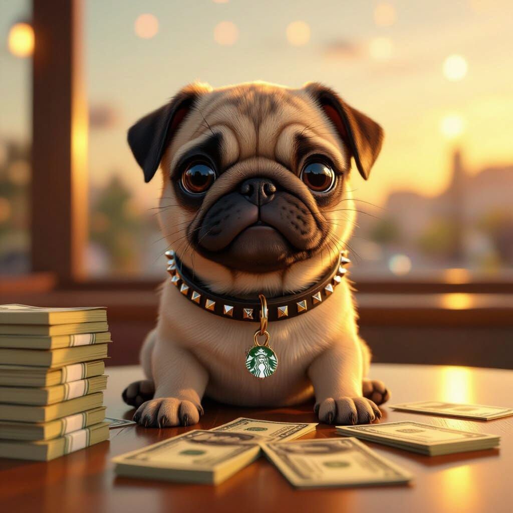 Baby Pug Surrounded by Money in Starbucks 3D Art