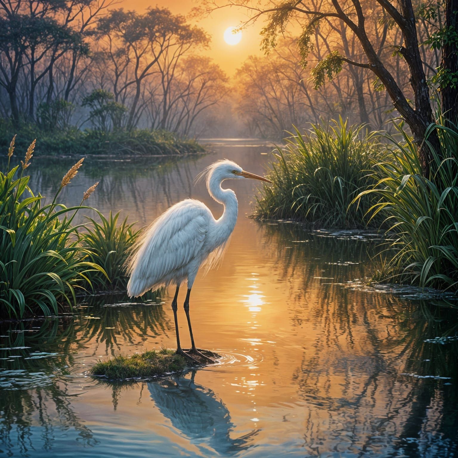 Luminescent Egret in Surreal Impressionistic Style