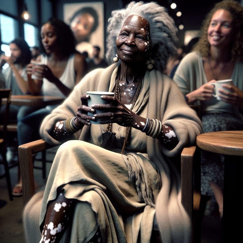 Elderly Woman with Vitiligo Enjoying Coffee