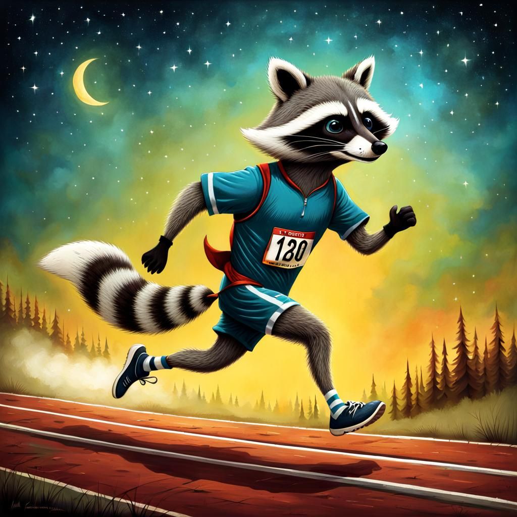 Raccoon Marathon Runner in Storybook Style