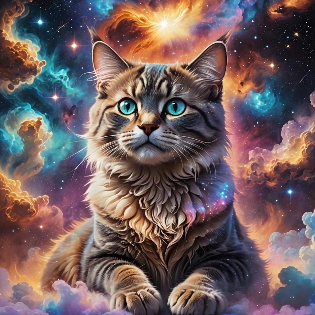 Fantasy Cat on Iridescent Nebula, Digital Art