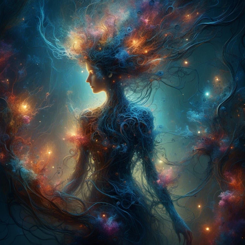 Enchanted Forest Witch in Holographic Mixed Media Style