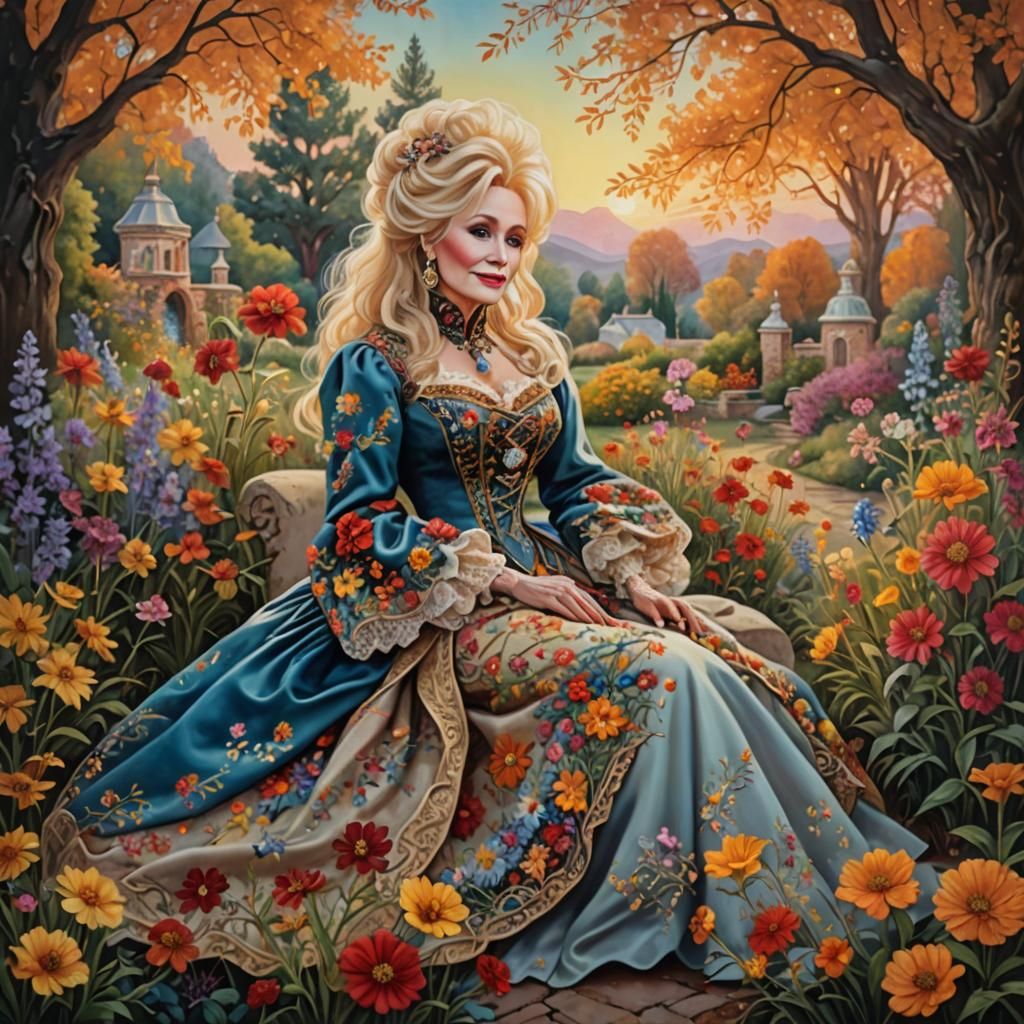 Dolly Parton in Mystical Garden: Symbolist Painting