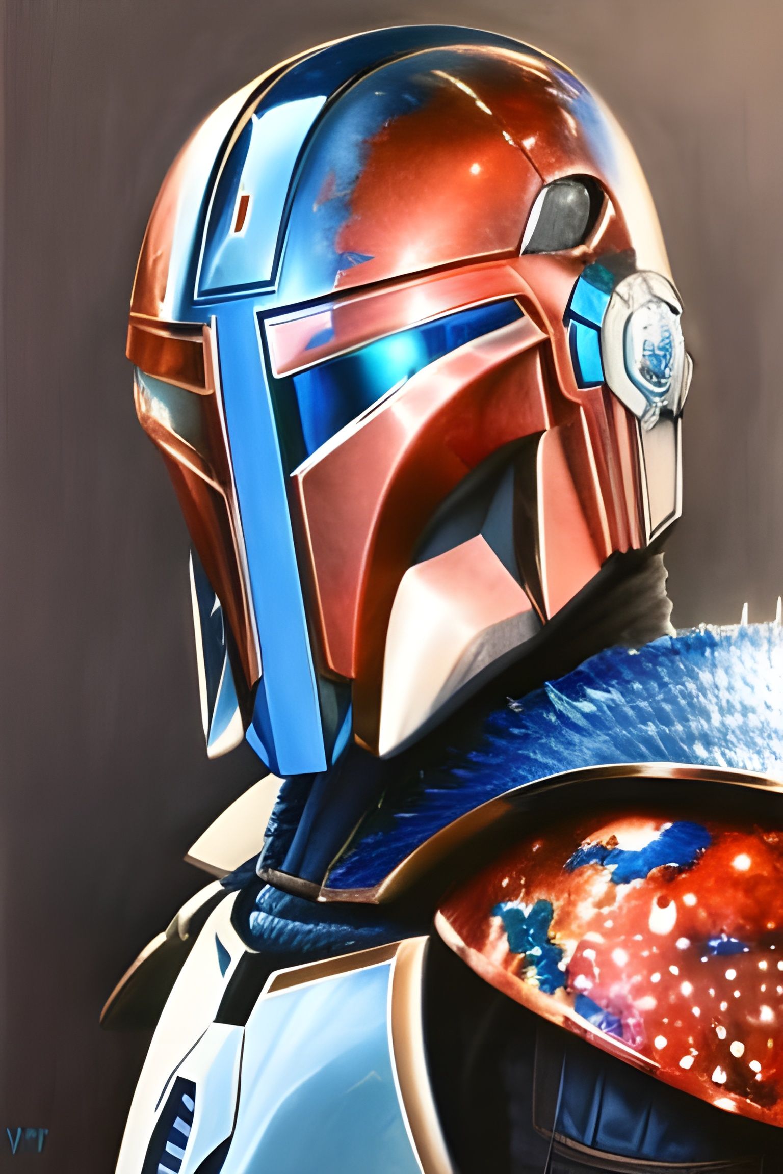 Azure Mandalorian Predator Knight Portrait in Metal Armor