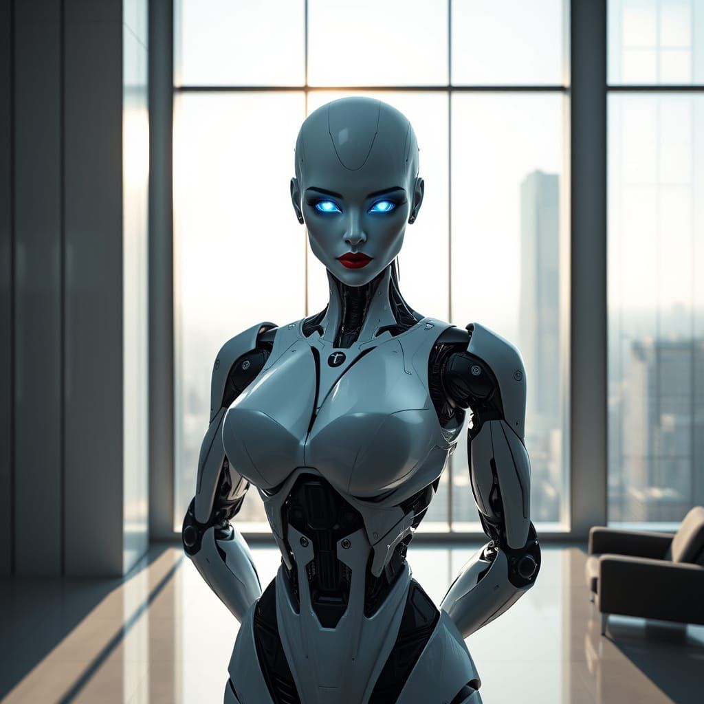 Cyberpunk Robot Queen Reigns Supreme in Modern Skyscraper