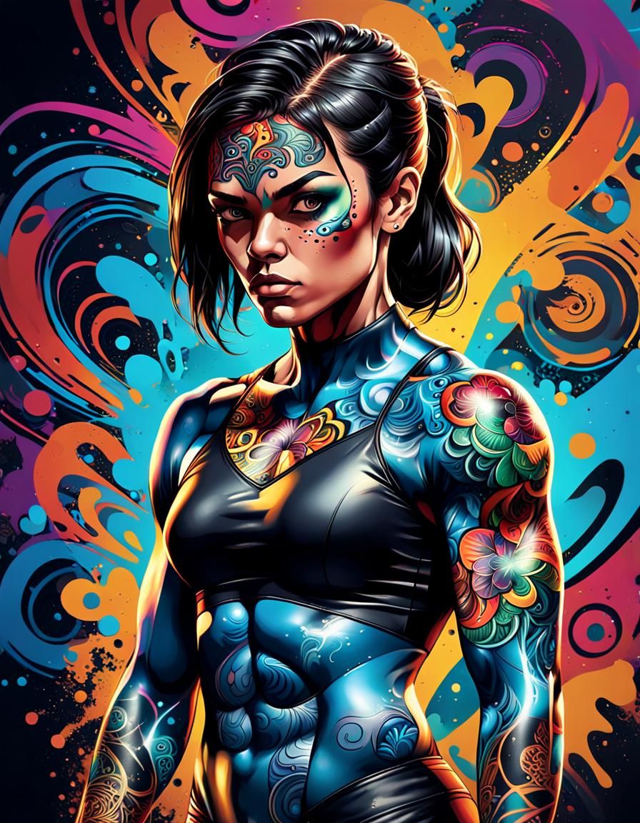 Female Boxer in Street Art Style with Zentangle Patterns