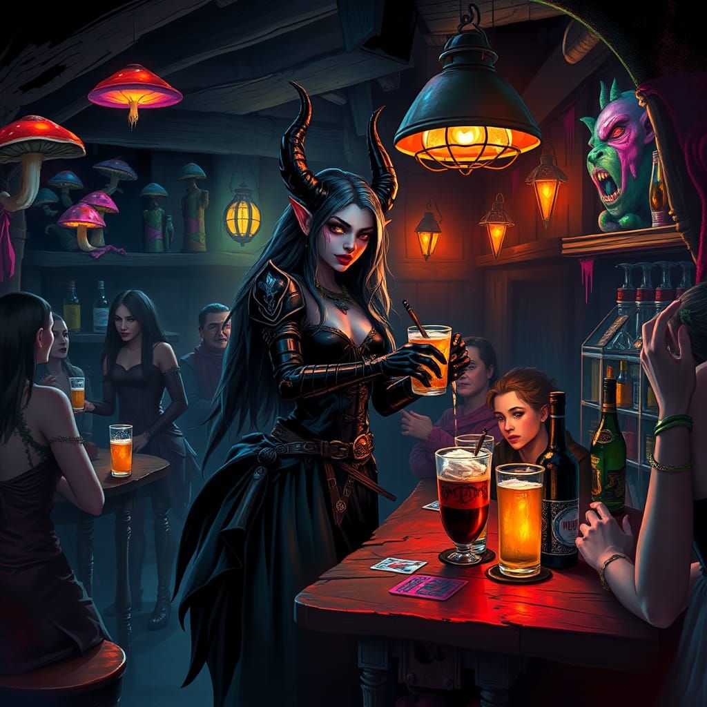 Drow Bartender in Magic Tavern, Gritty Urban Fantasy