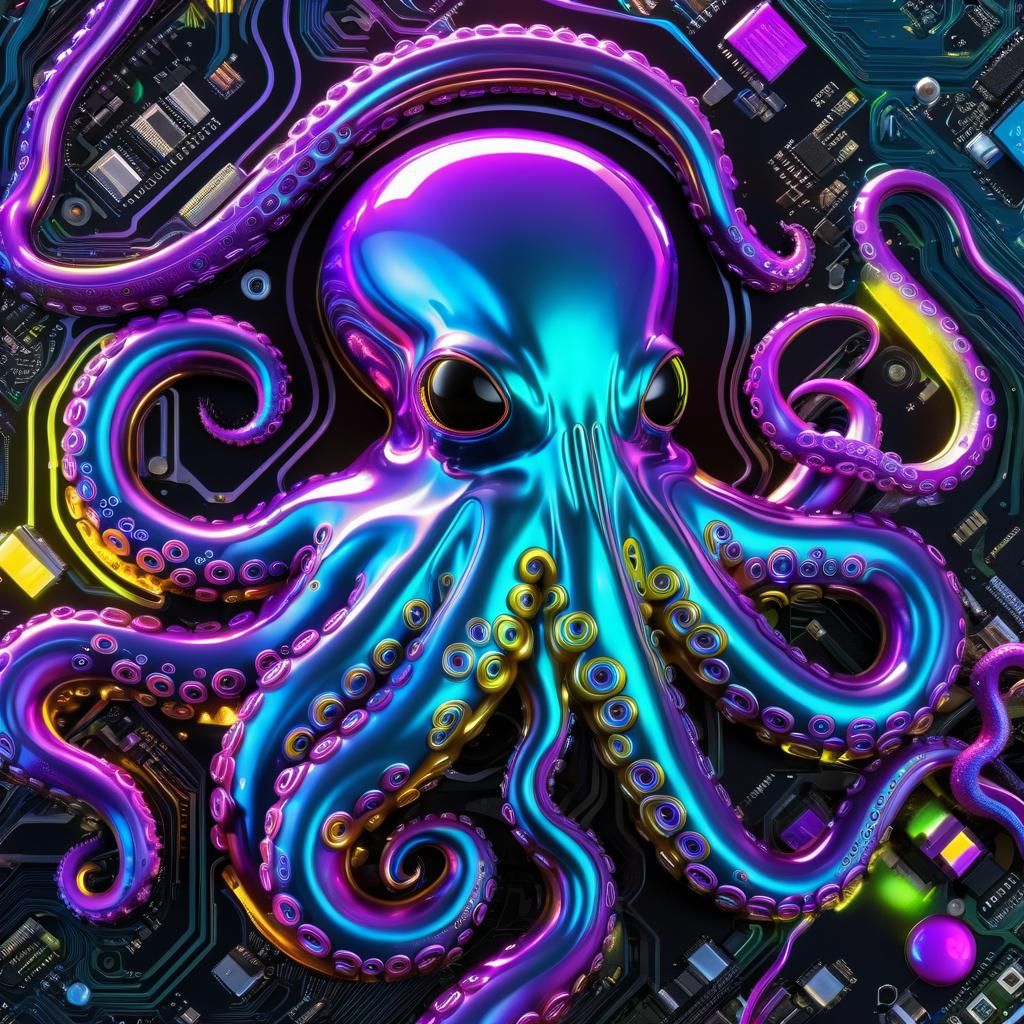 Liquid Chrome Octopus Portrait in Cyberpunk Splash Art