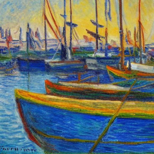 Impressionistic Port Scene with Blue Fishing Boats