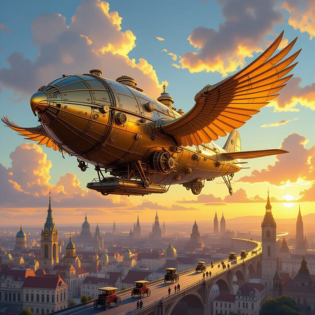 Steampunk Griffin Airship Over Metropolis in Art Nouveau Sty...