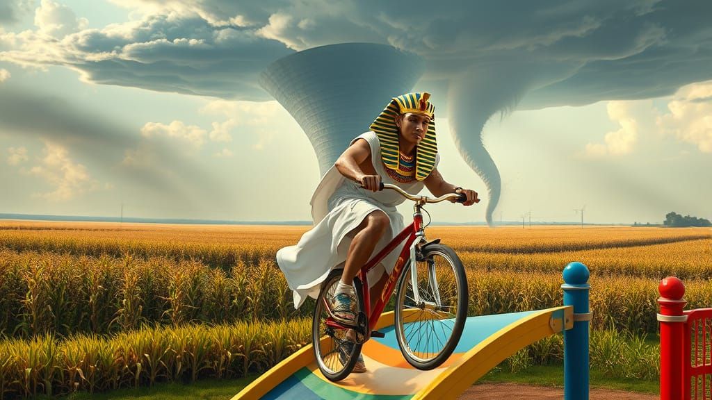 Egyptian Pharaoh on Unicycle Amidst Tornado