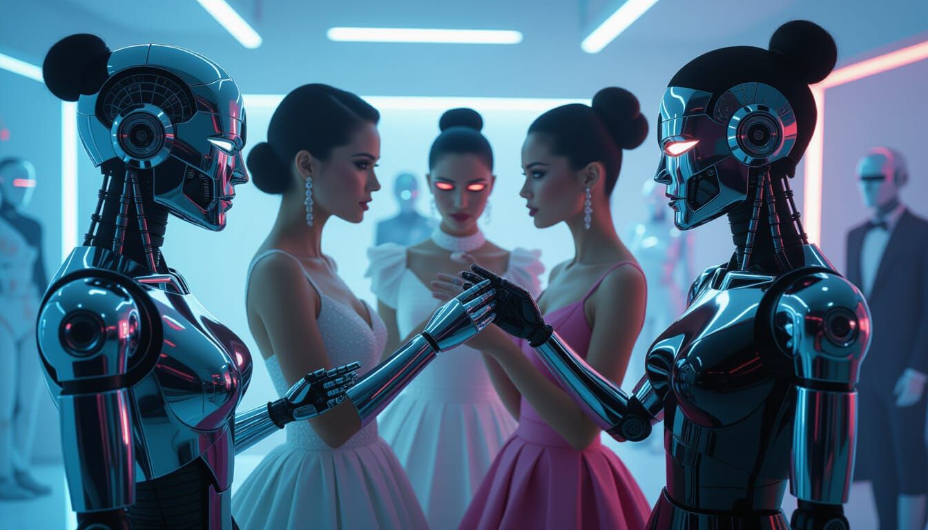 Chrome Androids Try on Clothes in Sci-Fi Film Still